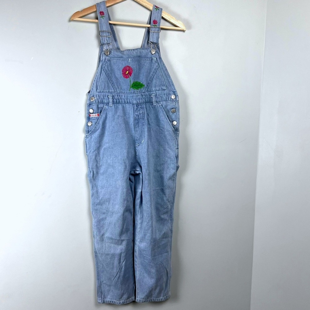JouJou Kids Vintage Light Wash Floral Embroidered Denim Overalls Size S 7-8